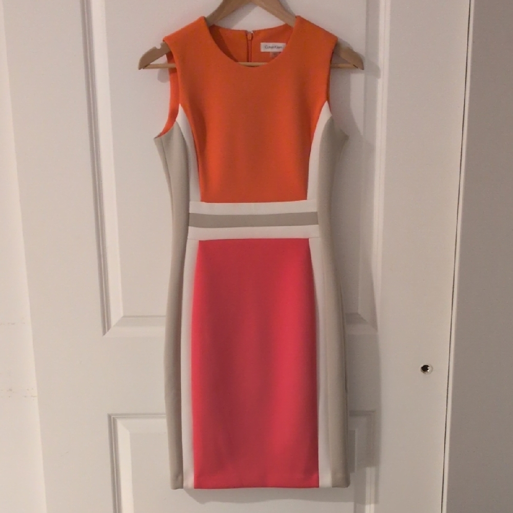 Calvin Klein Orange and Beige Colorblock Dress
